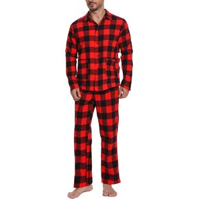 Men's Flannel Pajama Set 100% Cotton with Pockets Plaid Loungewear Sleepwear for Men with Adjustable Waistband R01 in Saudi Arabia