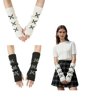 2Sets Cute Bow Knitted Arm Warmers for Women, Kawaii Black and White Long Fingerless Arm Sleeves with Bowbknot,Y2k Gloves for Cold Weather Gothic Fashionable Style in Saudi Arabia