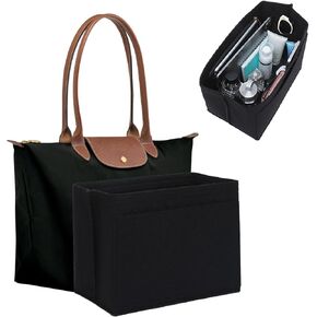 Fit Longchamp Organizer Insert, Zipper Long Champ Le Pliage Bag Organizer Insert with Cup Holder, 9 Compartments,Large/Black in Saudi Arabia