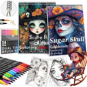 Adult Coloring Book for Women, 48 Patterns Spiral Bound Mindfulness Coloring Books for Adults Relaxation with 24 Dual-Tip Markers, Anxiety Relief Gifts Include Inspirational Quotes & Mandalas (2 Pack) in Kuwait