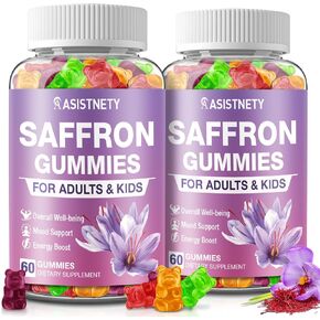 Saffron Gummies for Kids Adults Saffron Extract 88.5mg Saffron Supplement Ashwagandha, L-Theanine, St.John's Wort, Lemon Balm, Vitamin D3, B6, Magnesium & Zinc for Calm Nerve Rest Focus in Saudi Arabia