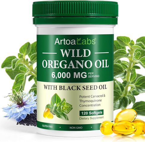 كبسولات زيت الأوريجانو مع زيت الحبة السوداء | 6000 مجم كبسولات هلامية من زيت الأوريجانو العضوي | دعم الصحة في Aceite de Oregano | غير معدل وراثيًا وخالي من الغلوتين | 120 كبسولة هلامية in Kuwait