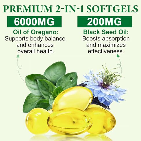 كبسولات زيت الأوريجانو مع زيت الحبة السوداء | 6000 مجم كبسولات هلامية من زيت الأوريجانو العضوي | دعم الصحة في Aceite de Oregano | غير معدل وراثيًا وخالي من الغلوتين | 120 كبسولة هلامية in Kuwait