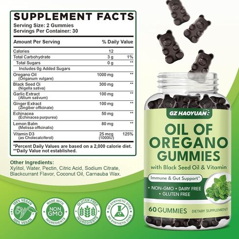Oil of Oregano Gummies with Black Seed Oil + Vitamin D3, Oregano Oil Organic High Carvacrol, Immune & Digestive Support, Antioxidant Support, 60 Gummies in Saudi Arabia