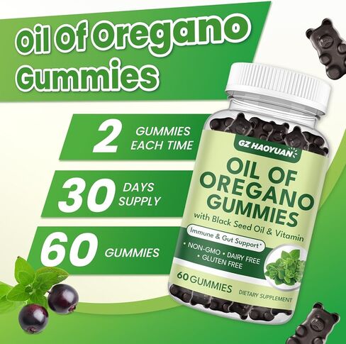 Oil of Oregano Gummies with Black Seed Oil + Vitamin D3, Oregano Oil Organic High Carvacrol, Immune & Digestive Support, Antioxidant Support, 60 Gummies in Saudi Arabia