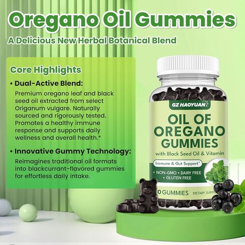 Oil of Oregano Gummies with Black Seed Oil + Vitamin D3, Oregano Oil Organic High Carvacrol, Immune & Digestive Support, Antioxidant Support, 60 Gummies in Saudi Arabia