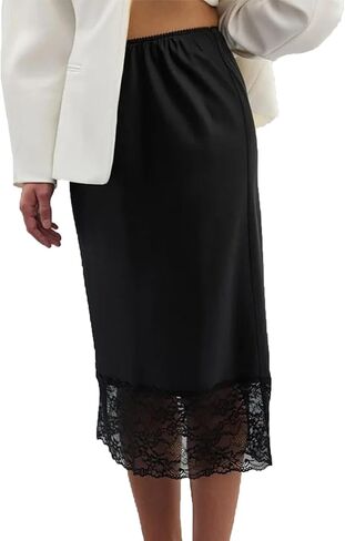 Women Silk Satin Half Slip Long Skirt Y2k Lace Trim Ruffle A Line Underskirt Elastic Casual Waist Under Dress in Saudi Arabia