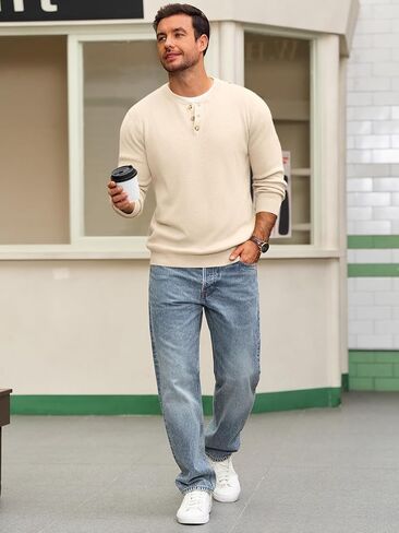 سترة Runcati الرجالية Henley Knit بأكمام طويلة وسترات صوفية بأزرار ربعية كاجوال للخريف in Kuwait