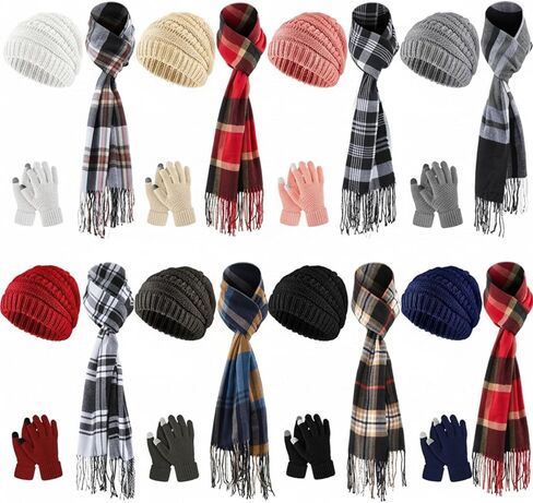 32 Pcs Women Hat Scarf Gloves Winter Ear Warmer Set Knitted Beanie Plaid Scarf Touchscreen Gloves Earmuffs in Saudi Arabia