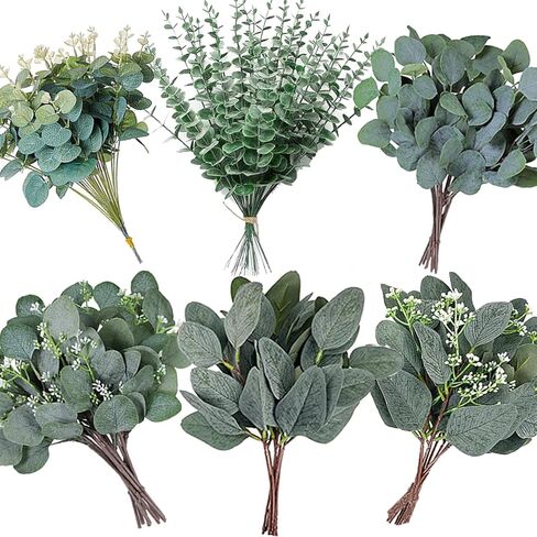 120 Pcs 6 Kinds Mixed Eucalyptus Leaves Stems Bulk Artificial Silver Dollar Eucalyptus Leaves Picks Dried Eucalyptus Bundle Faux Spray for Wedding Vase Bouquet Floral Arrangement Decor in Saudi Arabia