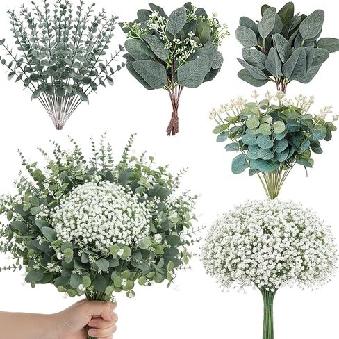 120 Pcs 6 Kinds Mixed Eucalyptus Leaves Stems Bulk Artificial Silver Dollar Eucalyptus Leaves Picks Dried Eucalyptus Bundle Faux Spray for Wedding Vase Bouquet Floral Arrangement Decor in Saudi Arabia