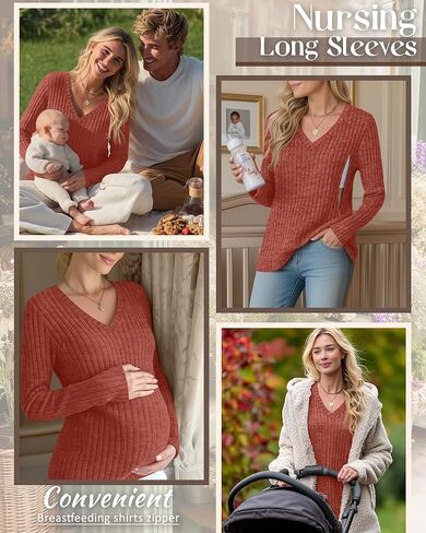 Women's Maternity Nursing Tops, V Neck Breastfeeding Sweaters Long Sleeve Hidden Zipper Shirts(Caramel,Small) in Saudi Arabia