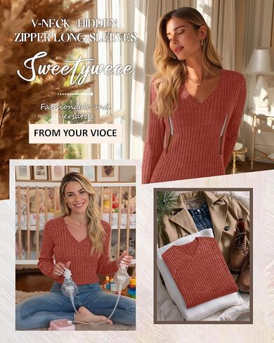 Women's Maternity Nursing Tops, V Neck Breastfeeding Sweaters Long Sleeve Hidden Zipper Shirts(Caramel,Small) in Saudi Arabia