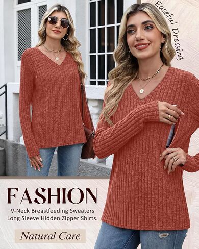 Women's Maternity Nursing Tops, V Neck Breastfeeding Sweaters Long Sleeve Hidden Zipper Shirts(Caramel,Small) in Saudi Arabia