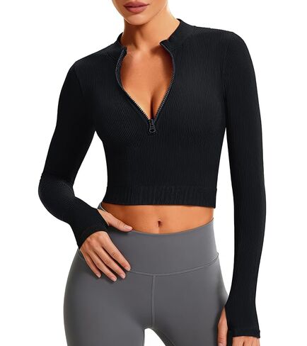 VEQKING المرأة كم طويل تجريب المحاصيل القمم نصف البريدي البلوز البلوز مضلع ضيق المجهزة قمصان رياضية مع ثقوب الإبهام in Kuwait