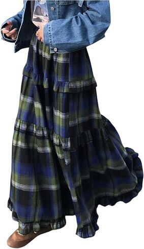 SOLY HUX Women's Plaid Maxi Skirt Elastic High Wasited Tiered Ruffle A Line Flowy Long Skirts in Saudi Arabia