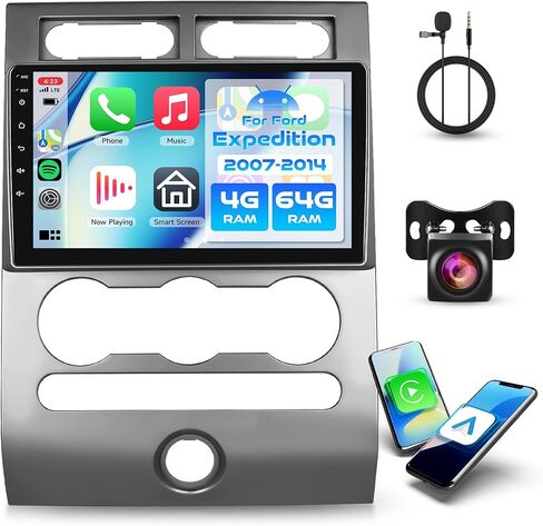 4+64G Android Car Stereo for Ford Expedition 2007-2014 (Manual A/C) Wireless Carplay Android Auto Car Radio, 9’’ Touch Screen Head Unit with Mirror Link WiFi GPS Bluetooth FM/RDS EQ Backup Camera SWC in Kuwait