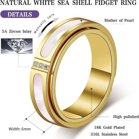 Fidget Spinner Ring for Women:18K Gold Plated Stainless Steel with Mother of Pearl Shell & Cubic Zirconia, Anxiety Relief Spinning Jewelry Gift for Birthday Wedding Engagement Anniversary in Saudi Arabia