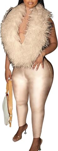 Womens Feather Deep V Neck Jumpsuits Halter Sleeveless Backless Bodycon Pants Set Romper Club Party Night Outfits in Saudi Arabia
