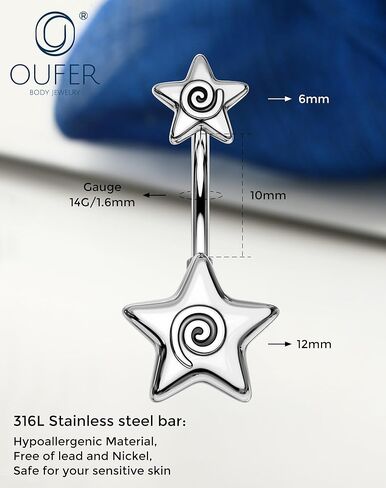 OUFER 316L Surgical Steel Belly Button Rings, 14g Belly Rings for Women, Star Navel Piercing Jewelry, Curved Navel Barbell for Men in Saudi Arabia