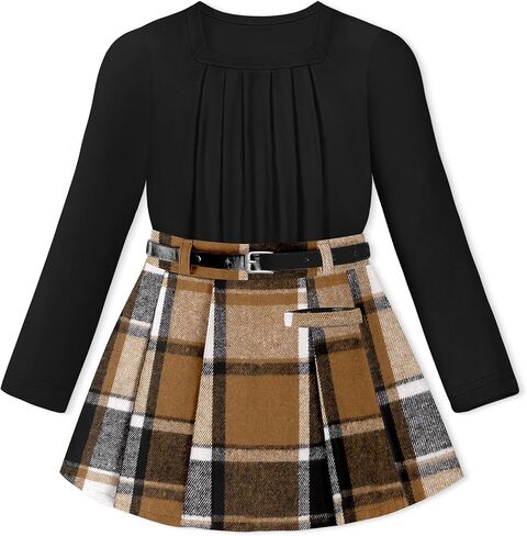 Girls Clothes Square Neck Long-sleeved Top + Plaid Skirt with Lining Pants + Belt 2 Piece Set Girls Fall Winter Outfits in Saudi Arabia