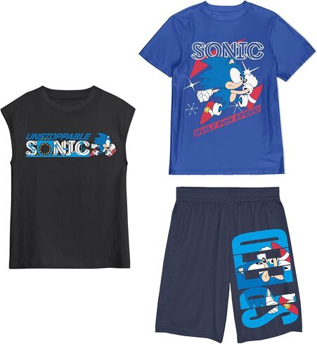 Sonic The Hedgehog Perfect Outfit Youth Boy Muscle Shirt, Short-Sleeve Tee, and Lounge Shorts 3-Piece Combo Set in Saudi Arabia