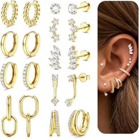 LOLIAS Hypoallergenic Flat Back Earrings for Women-14K Gold Plated Cartilage Earring Stacks-20G Surgical Stainless Steel Earrings-Small Flatback Stud Hoop Earring Sets for Multiple Piercing Jewelry in Saudi Arabia