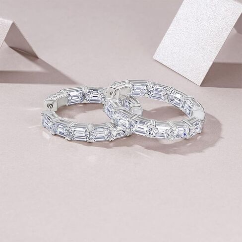 HANDMADE Sterling Silver Baguette Cut Moissanite Huggie Hoop Earrings, 14K White Gold Plated, 925 Silver in Saudi Arabia