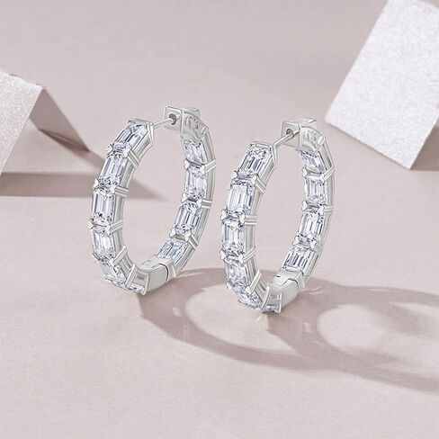 HANDMADE Sterling Silver Baguette Cut Moissanite Huggie Hoop Earrings, 14K White Gold Plated, 925 Silver in Saudi Arabia