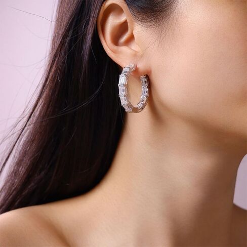 HANDMADE Sterling Silver Baguette Cut Moissanite Huggie Hoop Earrings, 14K White Gold Plated, 925 Silver in Saudi Arabia