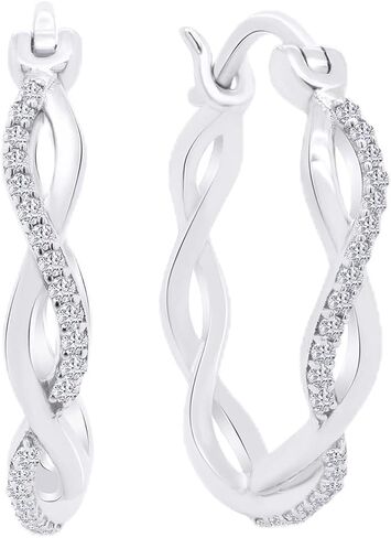 Twisted Hoop Natural Diamond or Lab Created Moissanite Earrings for Women, 1/8 CTTW Engagement Anniversary Wedding Jewelry in 14K White,Yellow or Rose Gold Plated Sterling Silver Hoops in Saudi Arabia