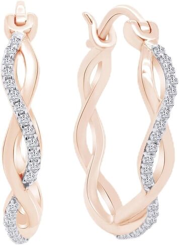 Twisted Hoop Natural Diamond or Lab Created Moissanite Earrings for Women, 1/8 CTTW Engagement Anniversary Wedding Jewelry in 14K White,Yellow or Rose Gold Plated Sterling Silver Hoops in Saudi Arabia