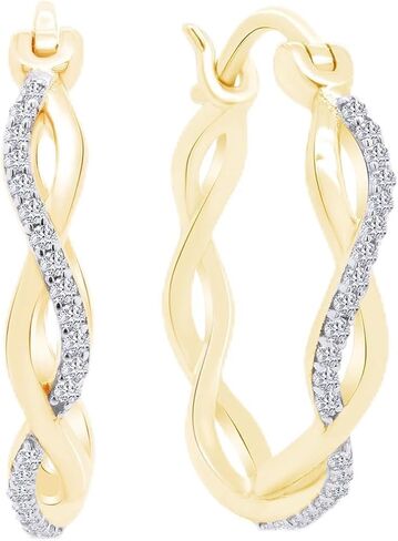 Twisted Hoop Natural Diamond or Lab Created Moissanite Earrings for Women, 1/8 CTTW Engagement Anniversary Wedding Jewelry in 14K White,Yellow or Rose Gold Plated Sterling Silver Hoops in Saudi Arabia
