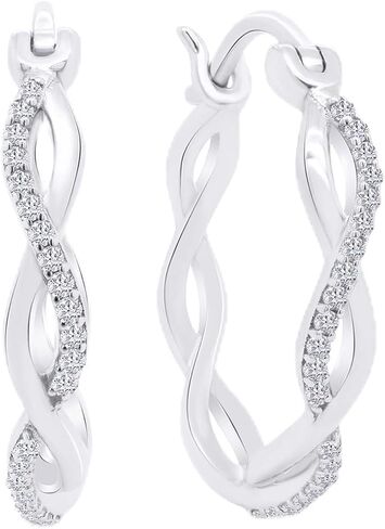 Twisted Hoop Natural Diamond or Lab Created Moissanite Earrings for Women, 1/8 CTTW Engagement Anniversary Wedding Jewelry in 14K White,Yellow or Rose Gold Plated Sterling Silver Hoops in Saudi Arabia
