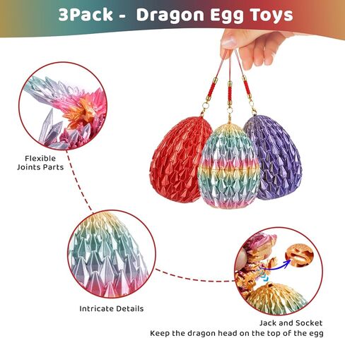 3PCS 3D Printed Dragon Egg with Keychains - Articulated Fidget Toys for Executive Home Office Decor Suprprise eggs, Easter Basket Stuffer, stocking stuffers - Gifts for Gamers, D&D Fans (Style-2) in Saudi Arabia