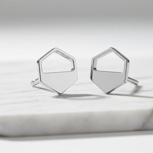 Silver Hexagon Cutout Stud Earrings – Modern Minimalist Design, Everyday Lightweight Silver Jewelry, Sleek Geometric Style, Jewelry Gifts for Her in Saudi Arabia
