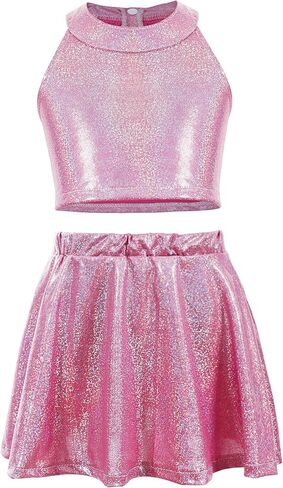 SEAUR Girls Metallic Dance Outfits Sparkly Sleeveless Tops Shiny Halter Neck Clothes 2 Piece Jazz Outwear Ruffle Hem Skirts in Saudi Arabia