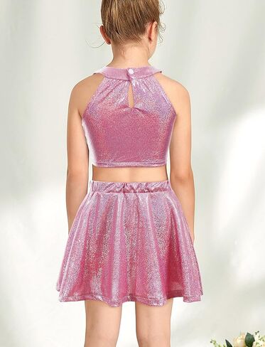 SEAUR Girls Metallic Dance Outfits Sparkly Sleeveless Tops Shiny Halter Neck Clothes 2 Piece Jazz Outwear Ruffle Hem Skirts in Saudi Arabia