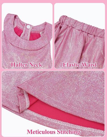 SEAUR Girls Metallic Dance Outfits Sparkly Sleeveless Tops Shiny Halter Neck Clothes 2 Piece Jazz Outwear Ruffle Hem Skirts in Saudi Arabia