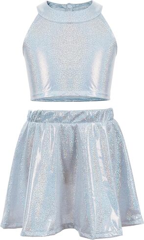 SEAUR Girls Metallic Dance Outfits Sparkly Sleeveless Tops Shiny Halter Neck Clothes 2 Piece Jazz Outwear Ruffle Hem Skirts in Saudi Arabia