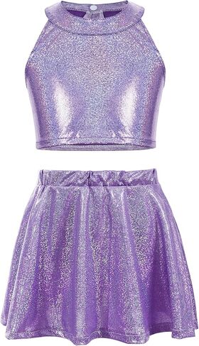 SEAUR Girls Metallic Dance Outfits Sparkly Sleeveless Tops Shiny Halter Neck Clothes 2 Piece Jazz Outwear Ruffle Hem Skirts in Saudi Arabia