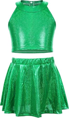 SEAUR Girls Metallic Dance Outfits Sparkly Sleeveless Tops Shiny Halter Neck Clothes 2 Piece Jazz Outwear Ruffle Hem Skirts in Saudi Arabia