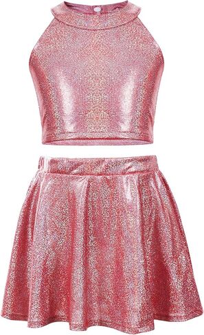 SEAUR Girls Metallic Dance Outfits Sparkly Sleeveless Tops Shiny Halter Neck Clothes 2 Piece Jazz Outwear Ruffle Hem Skirts in Saudi Arabia