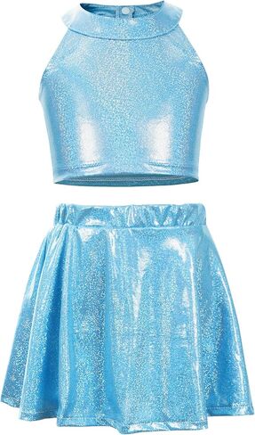 SEAUR Girls Metallic Dance Outfits Sparkly Sleeveless Tops Shiny Halter Neck Clothes 2 Piece Jazz Outwear Ruffle Hem Skirts in Saudi Arabia