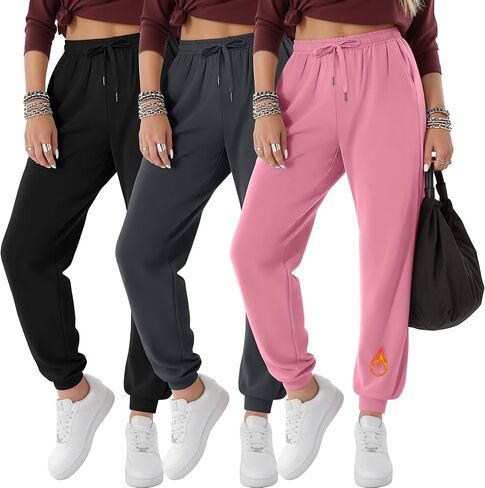 3 Pack Women's Fleece Lined Joggers Thermal Lounge Sweatpants Elastic Waist Drawstring Yoga Pants with Pockets in Saudi Arabia