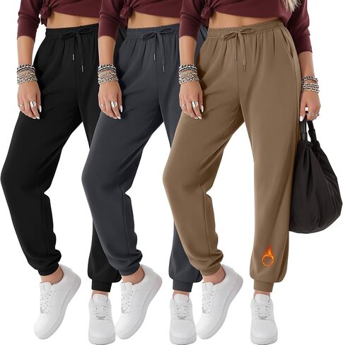 3 Pack Women's Fleece Lined Joggers Thermal Lounge Sweatpants Elastic Waist Drawstring Yoga Pants with Pockets in Saudi Arabia