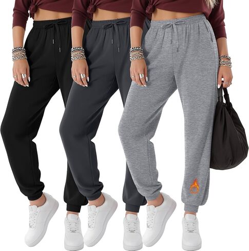 3 Pack Women's Fleece Lined Joggers Thermal Lounge Sweatpants Elastic Waist Drawstring Yoga Pants with Pockets in Saudi Arabia