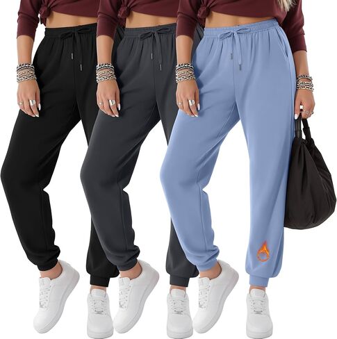 3 Pack Women's Fleece Lined Joggers Thermal Lounge Sweatpants Elastic Waist Drawstring Yoga Pants with Pockets in Saudi Arabia