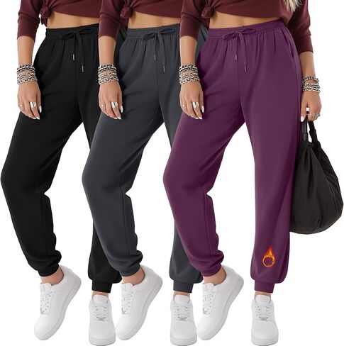 3 Pack Women's Fleece Lined Joggers Thermal Lounge Sweatpants Elastic Waist Drawstring Yoga Pants with Pockets in Saudi Arabia