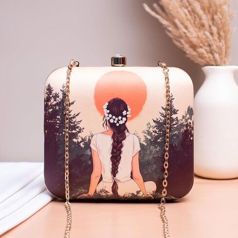 Artistic Forest Sunset Clutch Handbag, Silk Material, 7x6.5 Inches, Hand-Carry with Chain Strap, Modern Style, Teen and Adult Fashion Accessory in Saudi Arabia